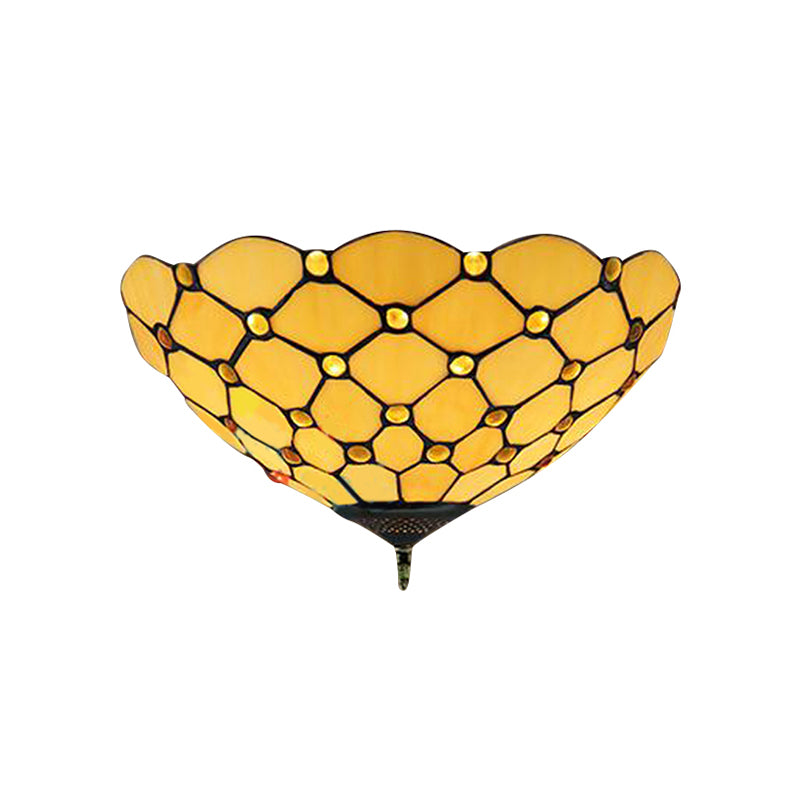 Bowl Shape Flush Mount Ceiling Light Tiffany Stained Glass 1 Head Flush Mount Ceiling Fixture in Yellow Clearhalo 'Ceiling Lights' 'Close To Ceiling Lights' 'Close to ceiling' 'Flush mount' Lighting' 181726