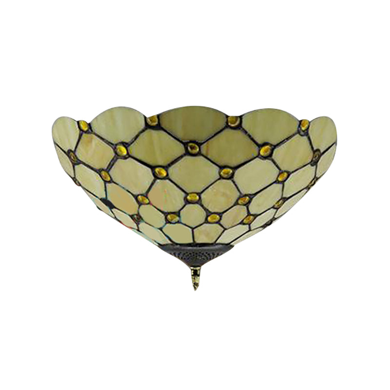 Bowl Shape Flush Mount Ceiling Light Tiffany Stained Glass 1 Head Flush Mount Ceiling Fixture in Yellow Clearhalo 'Ceiling Lights' 'Close To Ceiling Lights' 'Close to ceiling' 'Flush mount' Lighting' 181727