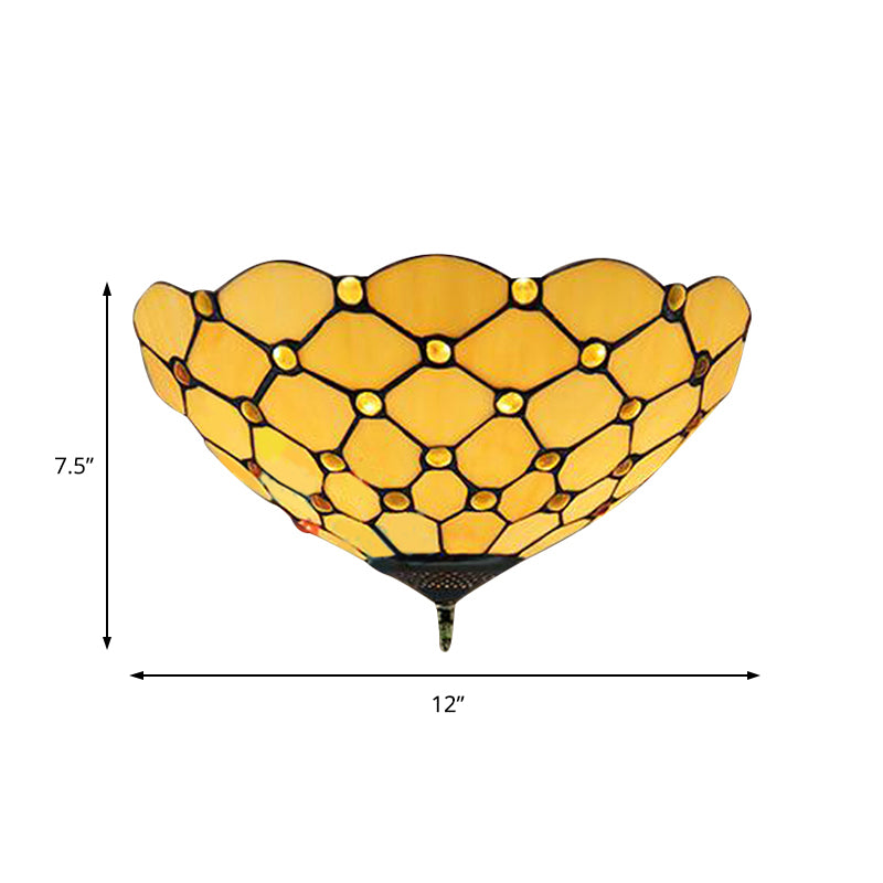 Bowl Shape Flush Mount Ceiling Light Tiffany Stained Glass 1 Head Flush Mount Ceiling Fixture in Yellow Clearhalo 'Ceiling Lights' 'Close To Ceiling Lights' 'Close to ceiling' 'Flush mount' Lighting' 181728