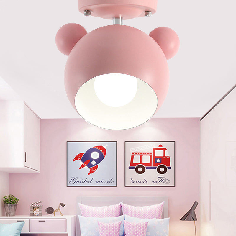 Rotatable Bear Head Flush Mount Light 1 Light Macaron Loft Metal Ceiling Lamp for Balcony Pink Clearhalo 'Ceiling Lights' 'Close To Ceiling Lights' 'Close to ceiling' 'Semi-flushmount' Lighting' 181827