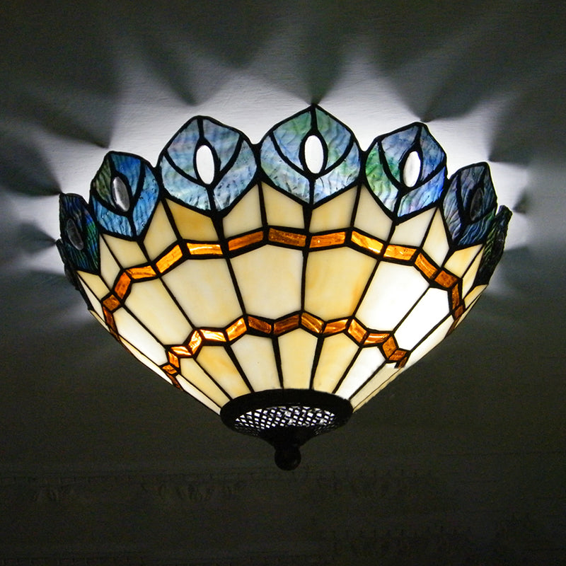 Stained Glass Peacock Flush Lighting Rustic Loft 2 Lights Flush Ceiling Light for Living Room Clearhalo 'Ceiling Lights' 'Close To Ceiling Lights' 'Close to ceiling' 'Flush mount' Lighting' 182018