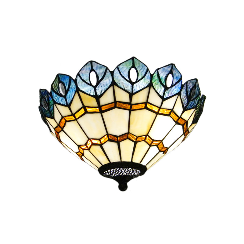 Stained Glass Peacock Flush Lighting Rustic Loft 2 Lights Flush Ceiling Light for Living Room Clearhalo 'Ceiling Lights' 'Close To Ceiling Lights' 'Close to ceiling' 'Flush mount' Lighting' 182019