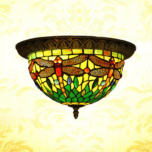 Stained Glass Shade Bowl Flushmount Tiffany Style 2 Bulbs Foyer Flush Ceiling Light Bronze Clearhalo 'Ceiling Lights' 'Close To Ceiling Lights' 'Close to ceiling' 'Flush mount' Lighting' 182021