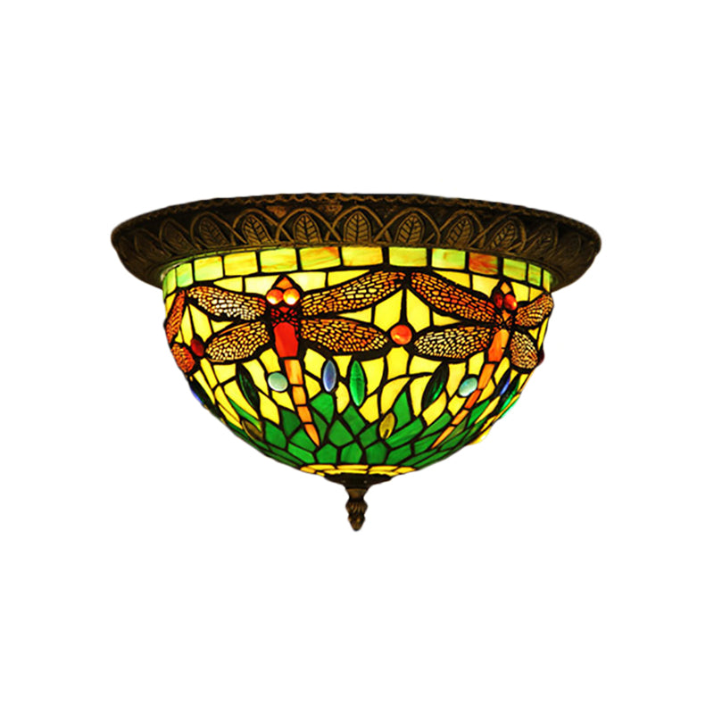 Stained Glass Shade Bowl Flushmount Tiffany Style 2 Bulbs Foyer Flush Ceiling Light Clearhalo 'Ceiling Lights' 'Close To Ceiling Lights' 'Close to ceiling' 'Flush mount' Lighting' 182024