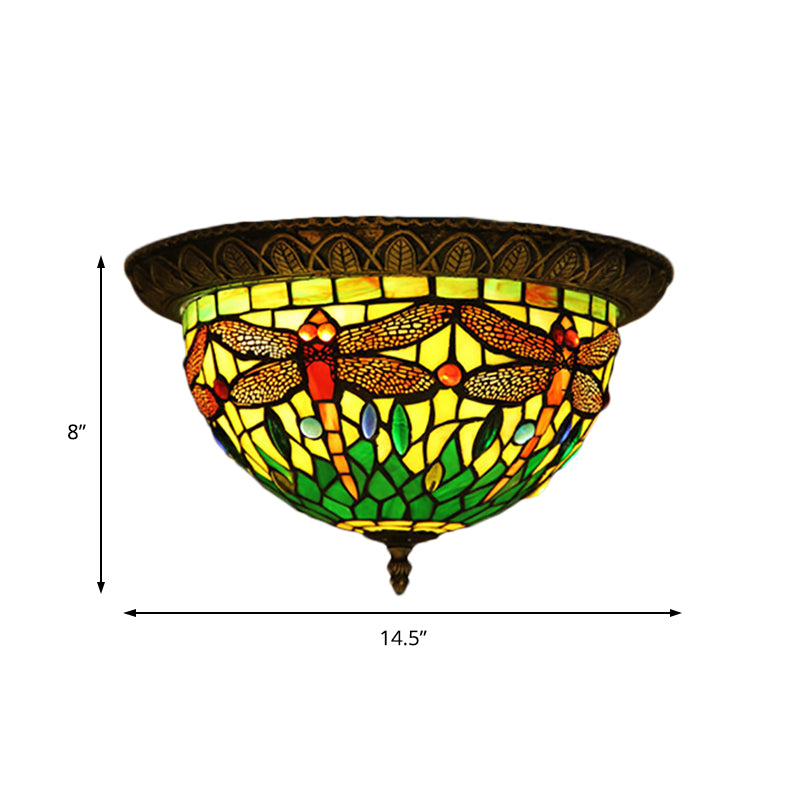 Stained Glass Shade Bowl Flushmount Tiffany Style 2 Bulbs Foyer Flush Ceiling Light Clearhalo 'Ceiling Lights' 'Close To Ceiling Lights' 'Close to ceiling' 'Flush mount' Lighting' 182025