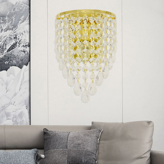 10"/15" W Tapered Wall Mount Light Vintage Metal 1 Bulb Golden Sconce Light with Clear Crystal Draping Clearhalo 'Modern wall lights' 'Modern' 'Wall Lamps & Sconces' 'Wall Lights' Lighting' 1820673