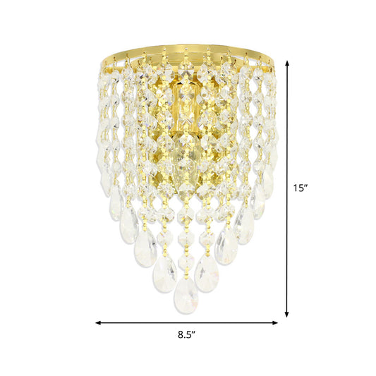 10"/15" W Tapered Wall Mount Light Vintage Metal 1 Bulb Golden Sconce Light with Clear Crystal Draping Clearhalo 'Modern wall lights' 'Modern' 'Wall Lamps & Sconces' 'Wall Lights' Lighting' 1820677