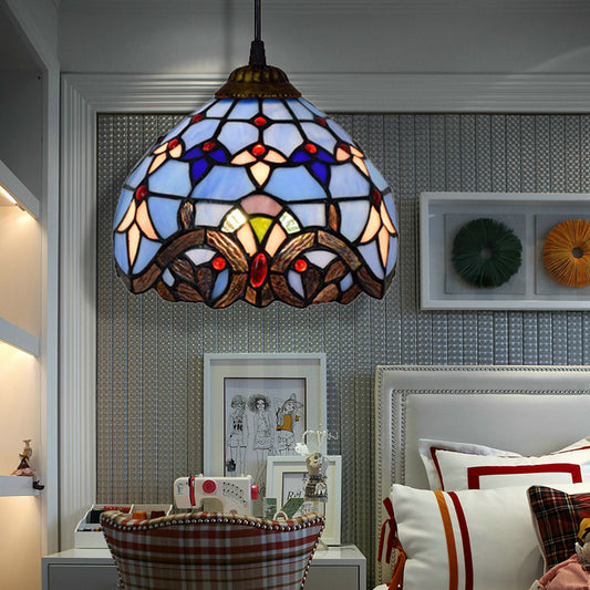 Baroque Style Bowl Pendant Light Stained Glass 1 Light Ceiling Pendant in Blue for Dining Room Blue Clearhalo 'Ceiling Lights' 'Industrial' 'Middle Century Pendants' 'Pendant Lights' 'Pendants' 'Tiffany close to ceiling' 'Tiffany Pendants' 'Tiffany' Lighting' 182067