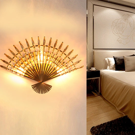 Golden Fan Shaped Sconce Lamp Vintage Style 3 Lights Metal Wall Light Fixture with Clear Crystal Decoration Gold Clearhalo 'Modern wall lights' 'Modern' 'Wall Lamps & Sconces' 'Wall Lights' Lighting' 1820704