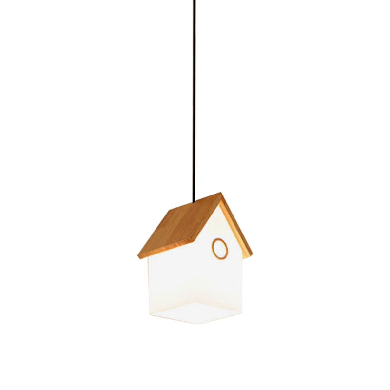 Wood and Glass House Hanging Light Asian Style Pendant Light in White for Kitchen Foyer Clearhalo 'Ceiling Lights' 'Pendant Lights' 'Pendants' Lighting' 182085