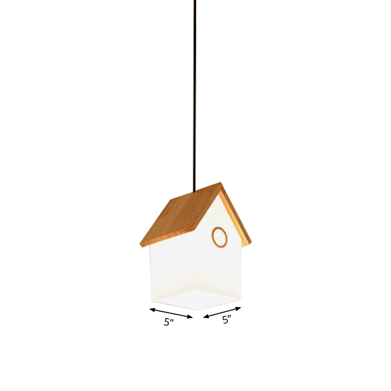 Wood and Glass House Hanging Light Asian Style Pendant Light in White for Kitchen Foyer Clearhalo 'Ceiling Lights' 'Pendant Lights' 'Pendants' Lighting' 182086