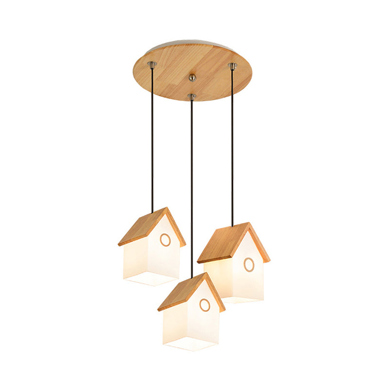 Wood and Glass House Hanging Light Asian Style Pendant Light in White for Kitchen Foyer Clearhalo 'Ceiling Lights' 'Pendant Lights' 'Pendants' Lighting' 182093