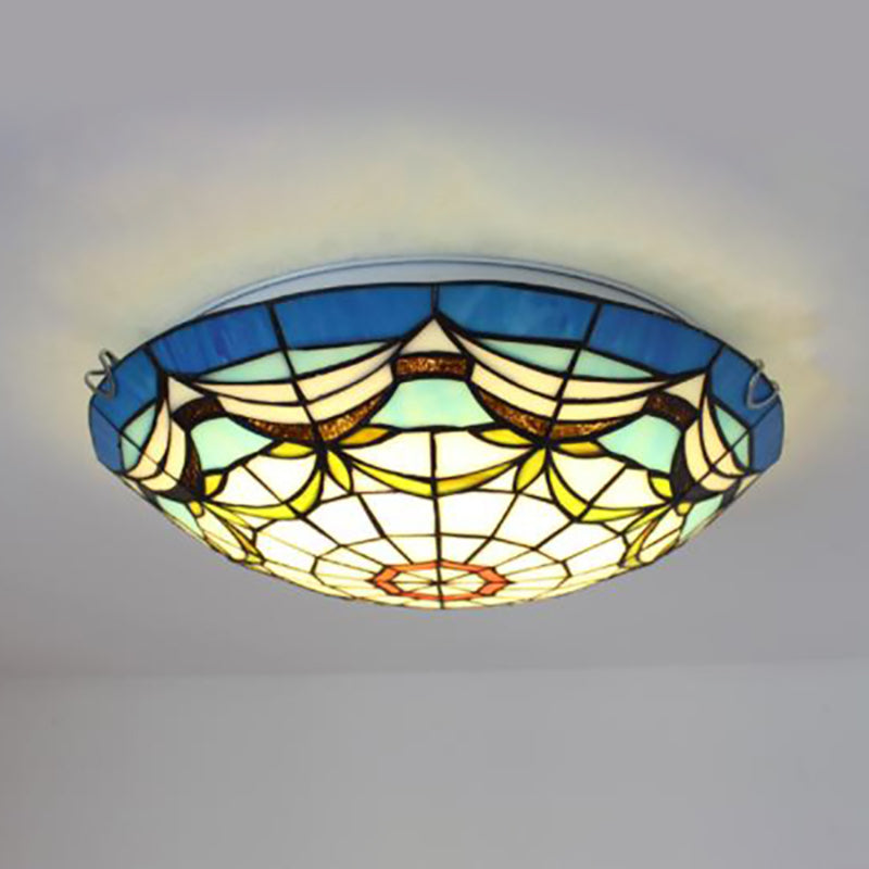 Nautical Bowl Flush Mount Light Art Glass 3 Lights Tiffany Style Flush Light for Living Room Clearhalo 'Ceiling Lights' 'Close To Ceiling Lights' 'Close to ceiling' 'Flush mount' Lighting' 182122