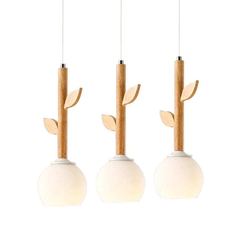 Rustic Style White Pendant Lamp Flower Shape 3 Lights Glass Ceiling Pendant with Wood Leaf for Kitchen Clearhalo 'Ceiling Lights' 'Pendant Lights' 'Pendants' Lighting' 182132