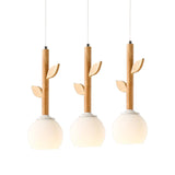 Rustic Style White Pendant Lamp Flower Shape 3 Lights Glass Ceiling Pendant with Wood Leaf for Kitchen Clearhalo 'Ceiling Lights' 'Pendant Lights' 'Pendants' Lighting' 182132