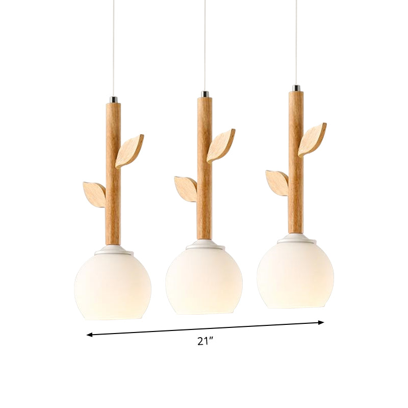 Rustic Style White Pendant Lamp Flower Shape 3 Lights Glass Ceiling Pendant with Wood Leaf for Kitchen Clearhalo 'Ceiling Lights' 'Pendant Lights' 'Pendants' Lighting' 182133