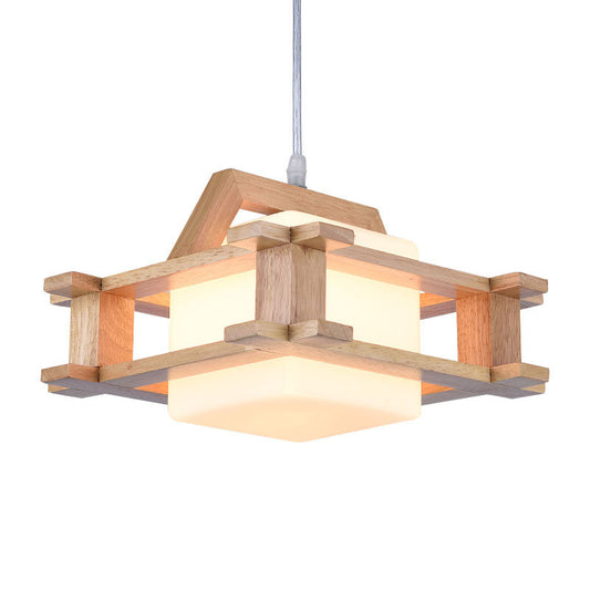 Contemporary Cube Suspension Light with Wood Guard Glass 1 Light Beige Pendant Light for Bedroom Clearhalo 'Ceiling Lights' 'Pendant Lights' 'Pendants' Lighting' 182146