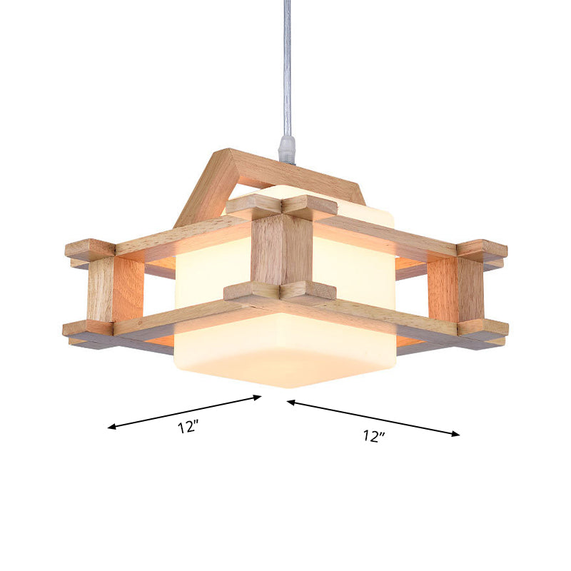 Contemporary Cube Suspension Light with Wood Guard Glass 1 Light Beige Pendant Light for Bedroom Clearhalo 'Ceiling Lights' 'Pendant Lights' 'Pendants' Lighting' 182147