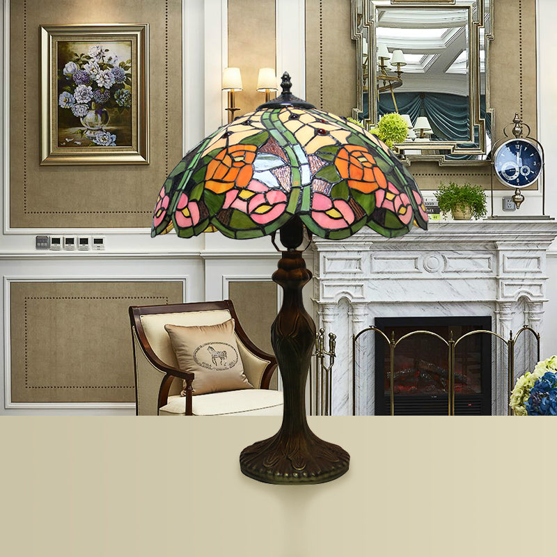 Retro Style Dome Shade Accent Lamp Stained Glass 1/2 Lights Colorful Accent Table Lamp with Flower Pattern Rust Rose Clearhalo 'Lamps' 'Table Lamps' Lighting' 182149