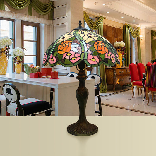 Retro Style Dome Shade Accent Lamp Stained Glass 1/2 Lights Colorful Accent Table Lamp with Flower Pattern Clearhalo 'Lamps' 'Table Lamps' Lighting' 182150