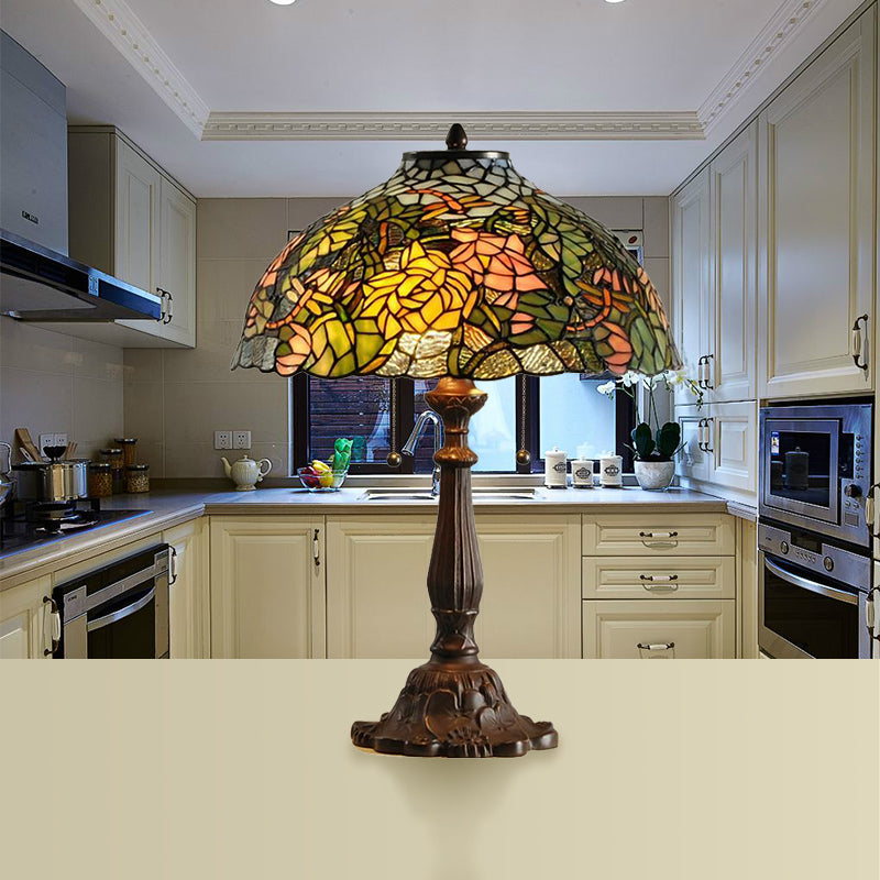 Retro Style Dome Shade Accent Lamp Stained Glass 1/2 Lights Colorful Accent Table Lamp with Flower Pattern Rust Dragonfly Clearhalo 'Lamps' 'Table Lamps' Lighting' 182154