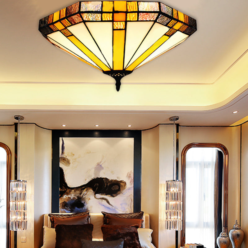 Geometric Ceiling Light Fixture Tiffany Style Stained Glass 3 Lights Flushmount Ceiling Light Brown Clearhalo 'Ceiling Lights' 'Close To Ceiling Lights' 'Close to ceiling' 'Flush mount' Lighting' 182255