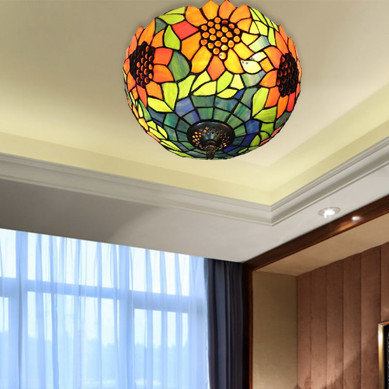 Orange Bowl Ceiling Light Fixture Stained Glass 1 Light Splendid Flushmount Light with Flower Pattern for Living Room Orange Clearhalo 'Ceiling Lights' 'Close To Ceiling Lights' 'Close to ceiling' 'Flush mount' Lighting' 182393