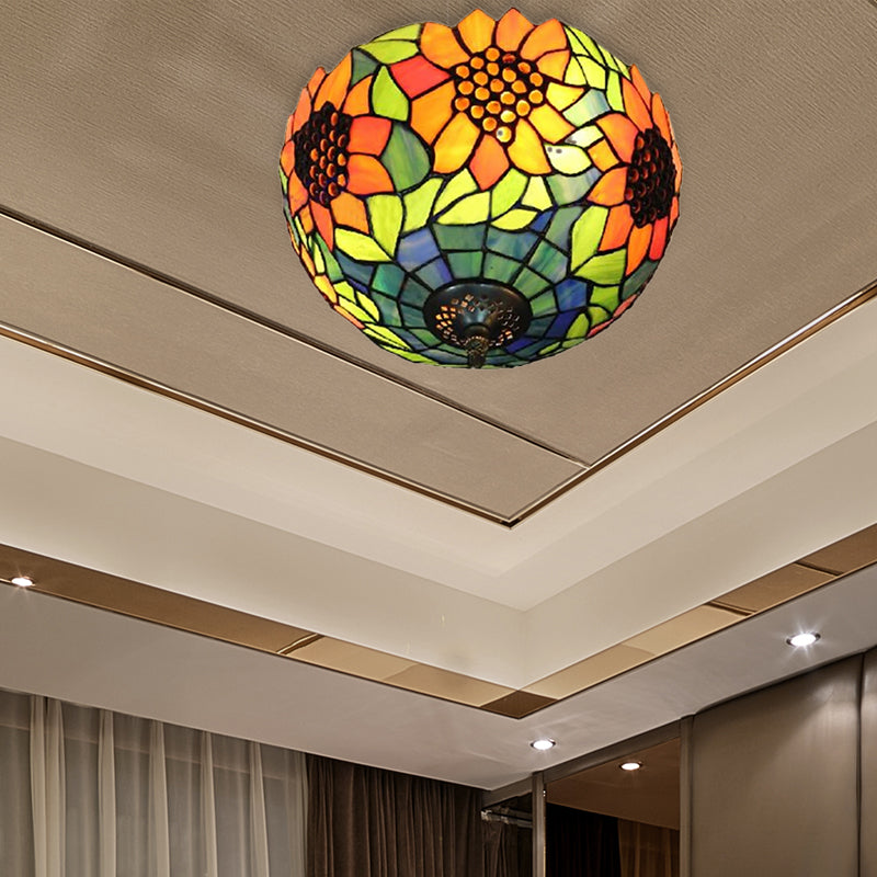 Orange Bowl Ceiling Light Fixture Stained Glass 1 Light Splendid Flushmount Light with Flower Pattern for Living Room Clearhalo 'Ceiling Lights' 'Close To Ceiling Lights' 'Close to ceiling' 'Flush mount' Lighting' 182394