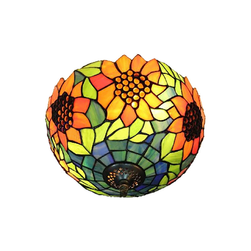 Orange Bowl Ceiling Light Fixture Stained Glass 1 Light Splendid Flushmount Light with Flower Pattern for Living Room Clearhalo 'Ceiling Lights' 'Close To Ceiling Lights' 'Close to ceiling' 'Flush mount' Lighting' 182395