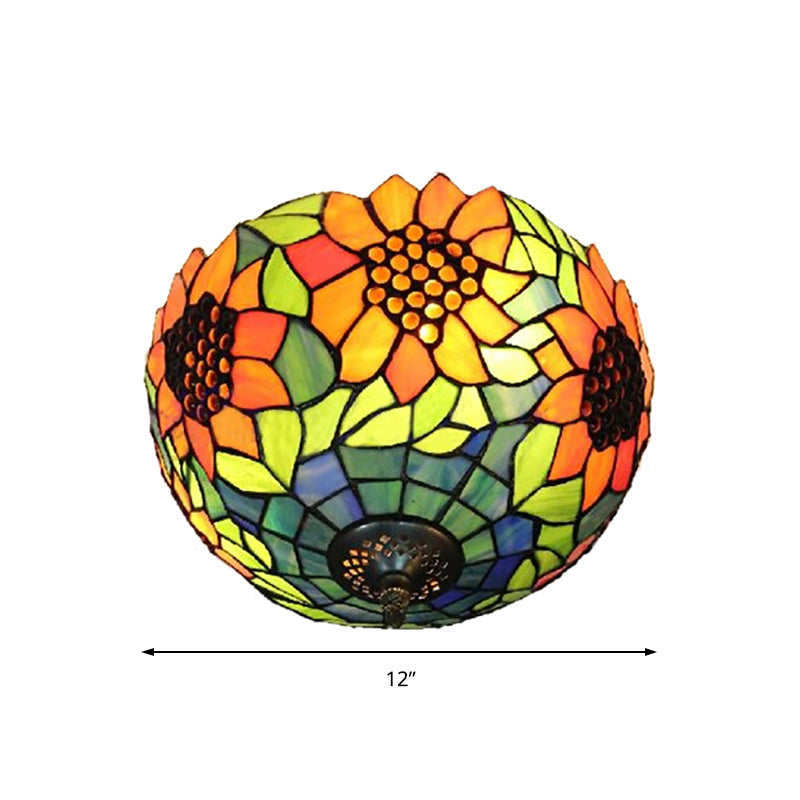 Orange Bowl Ceiling Light Fixture Stained Glass 1 Light Splendid Flushmount Light with Flower Pattern for Living Room Clearhalo 'Ceiling Lights' 'Close To Ceiling Lights' 'Close to ceiling' 'Flush mount' Lighting' 182396