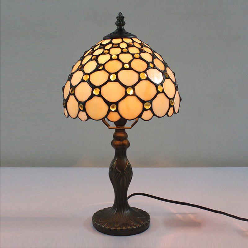 1 Head Domed Accent Lamp Vintage Stained Glass Decorative Table Lamp in Beige for Bedside Clearhalo 'Lamps' 'Table Lamps' Lighting' 182417