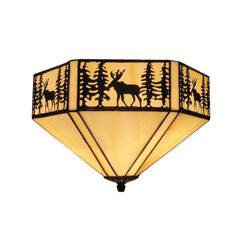 Geometric Shade Flush Mount Ceiling Light Retro Style Stained Glass 1/2 Light Flushmount Ceiling Light in White Clearhalo 'Ceiling Lights' 'Close To Ceiling Lights' 'Close to ceiling' 'Flush mount' Lighting' 182430