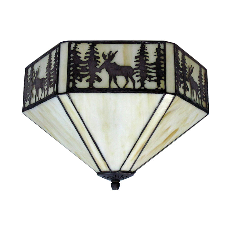 Geometric Shade Flush Mount Ceiling Light Retro Style Stained Glass 1/2 Light Flushmount Ceiling Light in White Clearhalo 'Ceiling Lights' 'Close To Ceiling Lights' 'Close to ceiling' 'Flush mount' Lighting' 182431