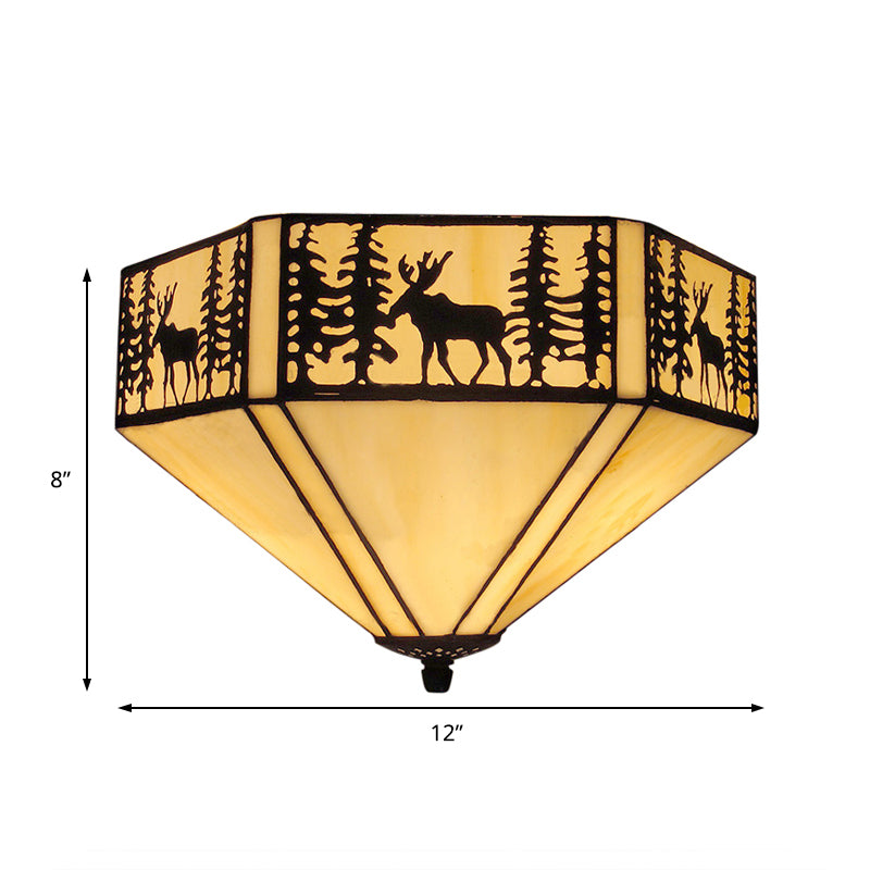 Geometric Shade Flush Mount Ceiling Light Retro Style Stained Glass 1/2 Light Flushmount Ceiling Light in White Clearhalo 'Ceiling Lights' 'Close To Ceiling Lights' 'Close to ceiling' 'Flush mount' Lighting' 182432