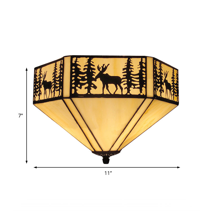 Geometric Shade Flush Mount Ceiling Light Retro Style Stained Glass 1/2 Light Flushmount Ceiling Light in White Clearhalo 'Ceiling Lights' 'Close To Ceiling Lights' 'Close to ceiling' 'Flush mount' Lighting' 182433