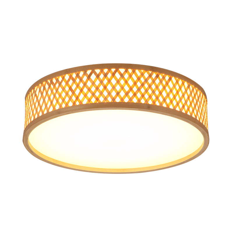 Asian Stylish Cross Woven Flushmount Light with Drum Shade Bamboo 10"/14" W LED Indoor Ceiling Lamp in Beige, Warm/White Light Clearhalo 'Ceiling Lights' 'Close To Ceiling Lights' 'Close to ceiling' 'Flush mount' Lighting' 182436