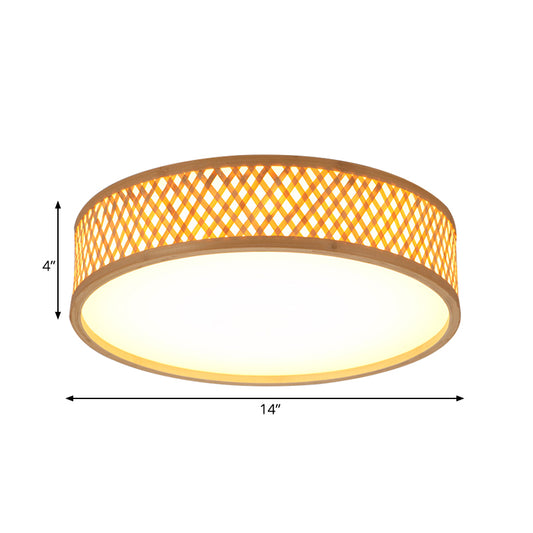 Asian Stylish Cross Woven Flushmount Light with Drum Shade Bamboo 10"/14" W LED Indoor Ceiling Lamp in Beige, Warm/White Light Clearhalo 'Ceiling Lights' 'Close To Ceiling Lights' 'Close to ceiling' 'Flush mount' Lighting' 182438