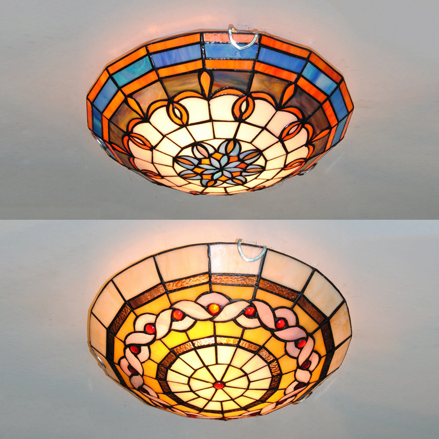 Blue/Yellow Bowl Flushmount Light Baroque Stained Glass Flush Ceiling Light for Living Room Clearhalo 'Ceiling Lights' 'Close To Ceiling Lights' 'Close to ceiling' 'Flush mount' Lighting' 18247