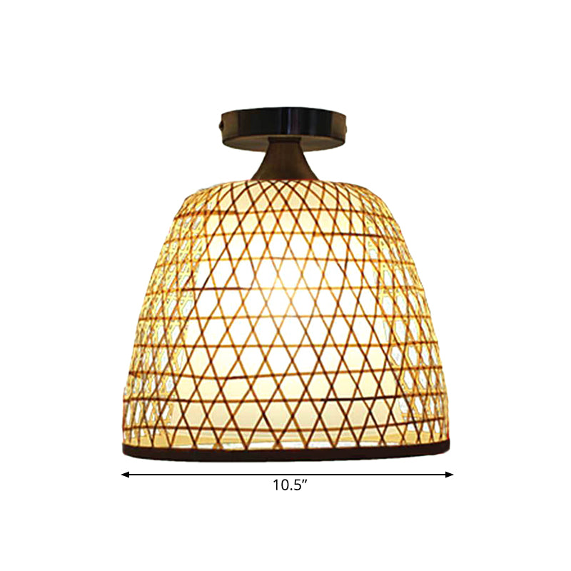 Bamboo Bucket Shade Semi Flush Light Lodge Stylish 1-Light Beige Ceiling Flush Lighting for Corridor Clearhalo 'Ceiling Lights' 'Close To Ceiling Lights' 'Close to ceiling' 'Semi-flushmount' Lighting' 182477