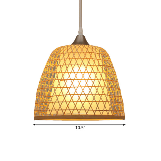 Asian Style Bucket Hanging Light Fixture with Cross Woven Design Bamboo 1 Bulb Bedroom Pendant Lamp Clearhalo 'Ceiling Lights' 'Pendant Lights' 'Pendants' Lighting' 182481