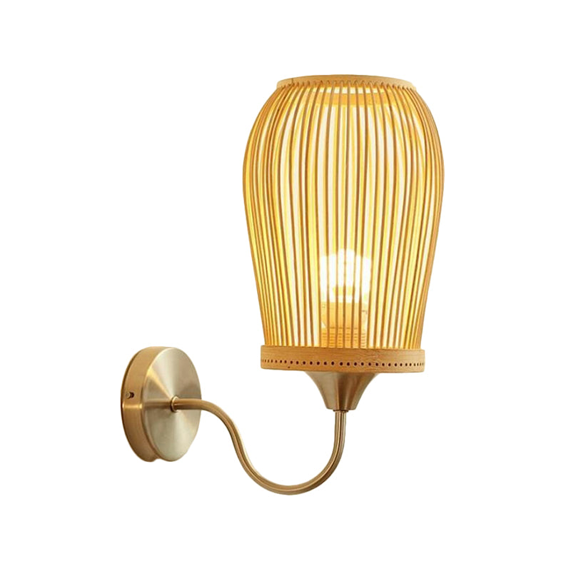 Bamboo Hand-Woven Wall Sconce Modern 1-Light Beige Wall Mount Lamp with Metal Gooseneck Arm Clearhalo 'Modern wall lights' 'Modern' 'Wall Lamps & Sconces' 'Wall Lights' Lighting' 182484