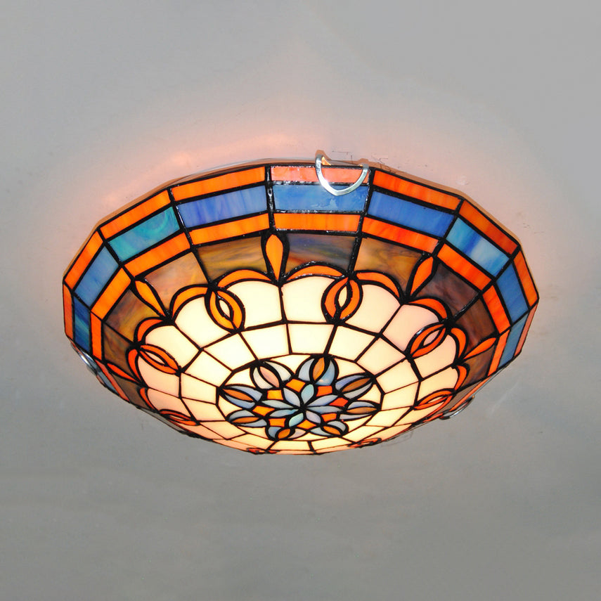 Blue/Yellow Bowl Flushmount Light Baroque Stained Glass Flush Ceiling Light for Living Room Blue Clearhalo 'Ceiling Lights' 'Close To Ceiling Lights' 'Close to ceiling' 'Flush mount' Lighting' 18249