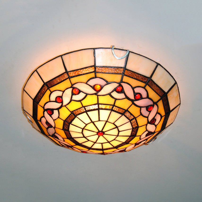 Blue/Yellow Bowl Flushmount Light Baroque Stained Glass Flush Ceiling Light for Living Room Yellow Clearhalo 'Ceiling Lights' 'Close To Ceiling Lights' 'Close to ceiling' 'Flush mount' Lighting' 18251