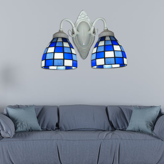 Mosaic Dome Wall Lighting Blue Glass 2 Lights Bathroom Wall Mounted Lamp in White Finish Blue Clearhalo 'Industrial' 'Middle century wall lights' 'Tiffany wall lights' 'Tiffany' 'Wall Lamps & Sconces' 'Wall Lights' Lighting' 182632
