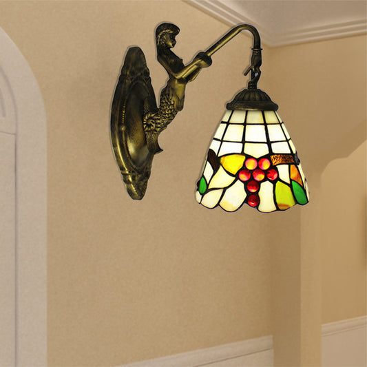 1 Light Mermaid Wall Mounted Light with Fruit Pattern Stained Glass Mini Wall Sconce Lighting Beige Clearhalo 'Industrial' 'Middle century wall lights' 'Tiffany wall lights' 'Tiffany' 'Wall Lamps & Sconces' 'Wall Lights' Lighting' 182668