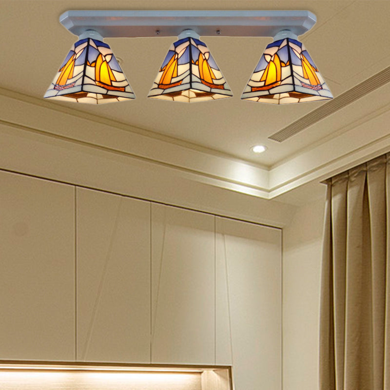 Sailboat Vanity Lighting Stained Glass Nautical Style 3 Lights Wall Lamp for Bathroom Beige Clearhalo 'Ceiling Lights' 'Close To Ceiling Lights' 'Close to ceiling' 'Glass shade' 'Glass' 'Pendant Lights' 'Semi-flushmount' 'Tiffany close to ceiling' 'Tiffany' Lighting' 182684