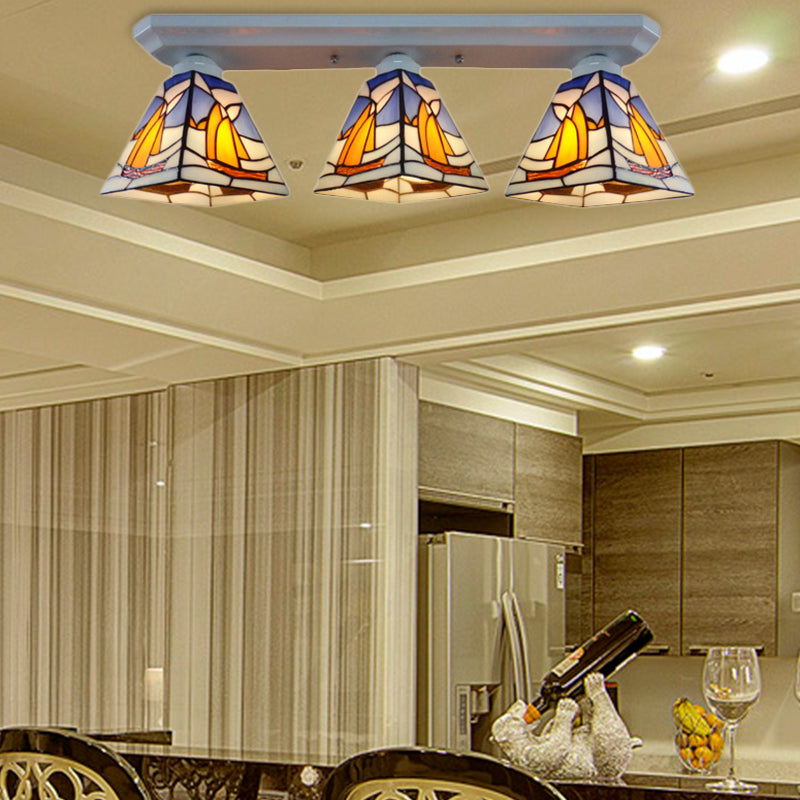 Sailboat Vanity Lighting Stained Glass Nautical Style 3 Lights Wall Lamp for Bathroom Clearhalo 'Ceiling Lights' 'Close To Ceiling Lights' 'Close to ceiling' 'Glass shade' 'Glass' 'Pendant Lights' 'Semi-flushmount' 'Tiffany close to ceiling' 'Tiffany' Lighting' 182685