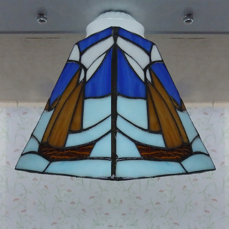 Sailboat Vanity Lighting Stained Glass Nautical Style 3 Lights Wall Lamp for Bathroom Clearhalo 'Ceiling Lights' 'Close To Ceiling Lights' 'Close to ceiling' 'Glass shade' 'Glass' 'Pendant Lights' 'Semi-flushmount' 'Tiffany close to ceiling' 'Tiffany' Lighting' 182689