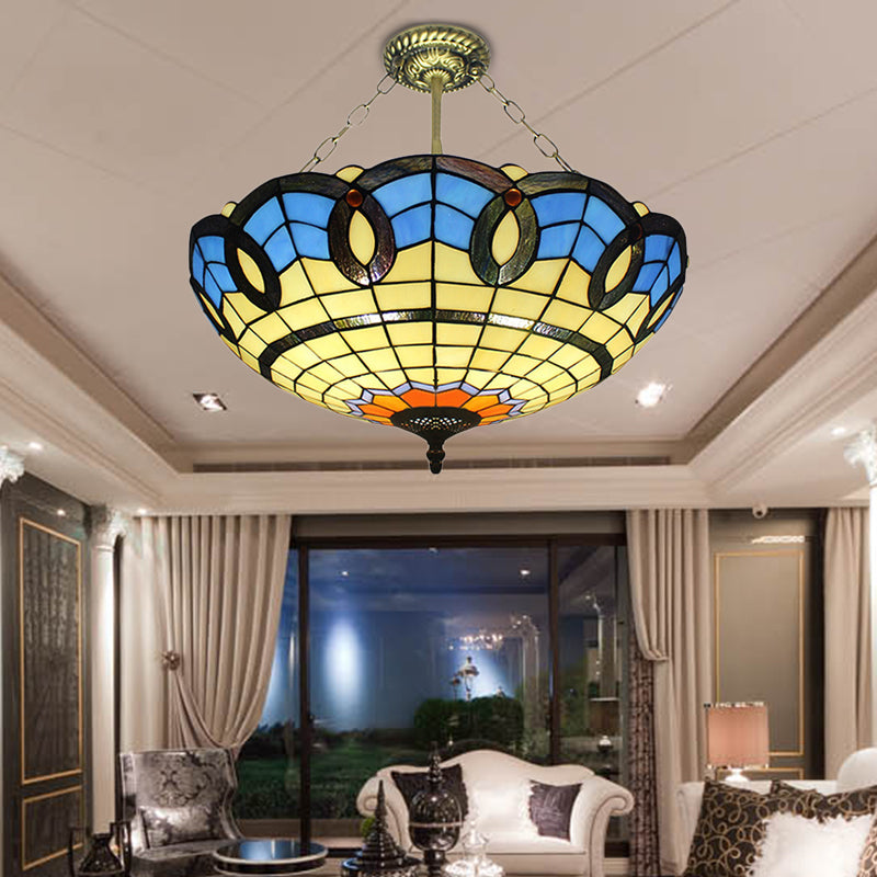 Tiffany Bowl Semi Flush Mount Light Stained Glass 3 Lights Ceiling Light in Antique Bronze Clearhalo 'Ceiling Lights' 'Chandeliers' 'Close To Ceiling Lights' 'Close to ceiling' 'Glass shade' 'Glass' 'Semi-flushmount' 'Tiffany close to ceiling' 'Tiffany' Lighting' 182735