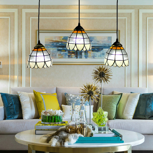 Beige 3 Heads Cluster Pendant Tiffany Hand Cut Glass Bowl Suspension Light for Living Room Beige Clearhalo 'Ceiling Lights' 'Industrial' 'Middle Century Pendants' 'Pendant Lights' 'Pendants' 'Tiffany close to ceiling' 'Tiffany Pendants' 'Tiffany' Lighting' 182811